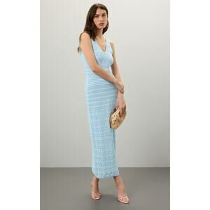 RONNY KOBO Pastel Blue Knit Crochet Vacay Beachy V-Neck Dress Size Medium